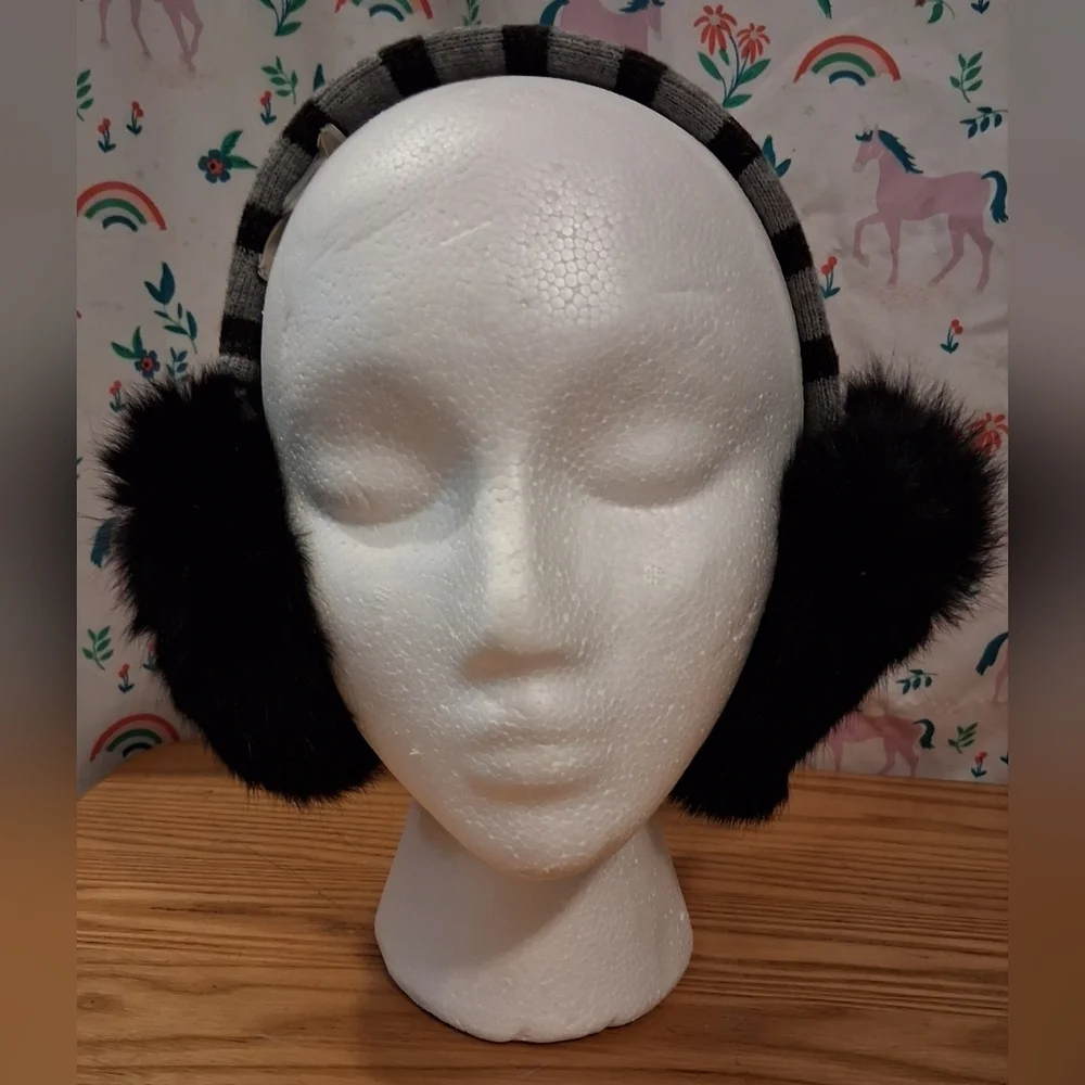 EUC Michael Kors Black & Grey Stripe Rabbit Fur Warm Casual Ear Muffs